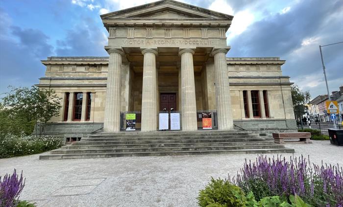 View of the grade II* Portico, the formal entrance to the Shire Hall. Entrance currently through the Gardens due to Covid restrictions